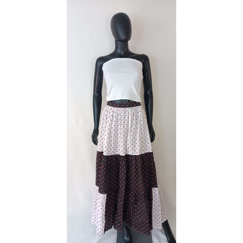 Handmade Polka Dot Tiered Maxi Skirt Cotton Red White Black XL Elastic Waist